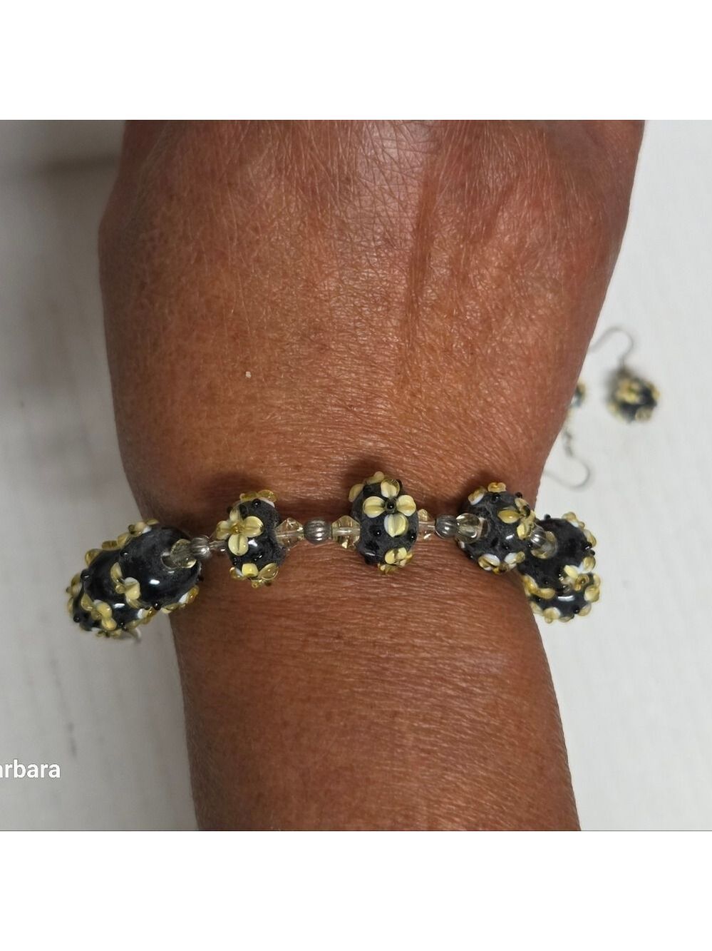 Czech Black Glass Millefiori Floral Bead Bracelet and Hook Pierced Earrings Set